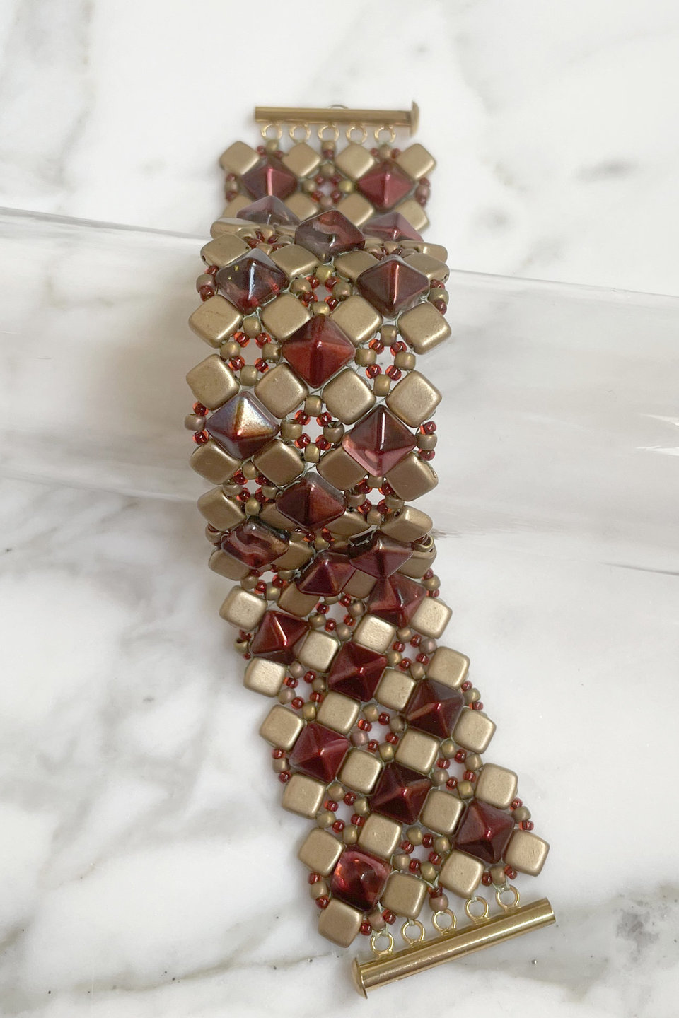 Wine and Gold Cluster Stitch Cuff