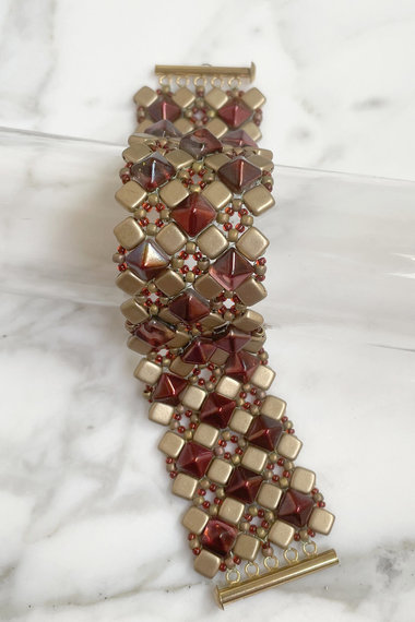Wine and Gold Cluster Stitch Cuff